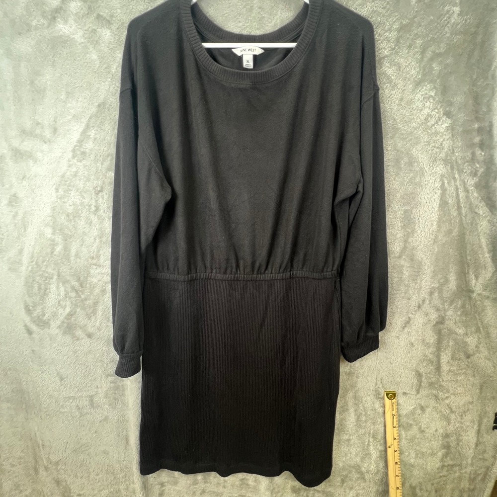 Nine West Womens XL Black Long Sleeve Ribbed Skirt Crew Neck Elastic Waist Dress